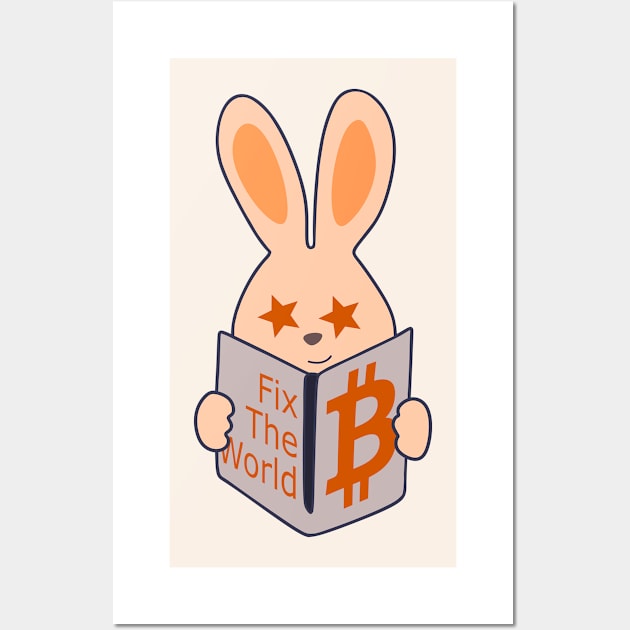 Happy bunny - Orange-pilled rabbit reading Bitcoin book Wall Art by Babush-kat